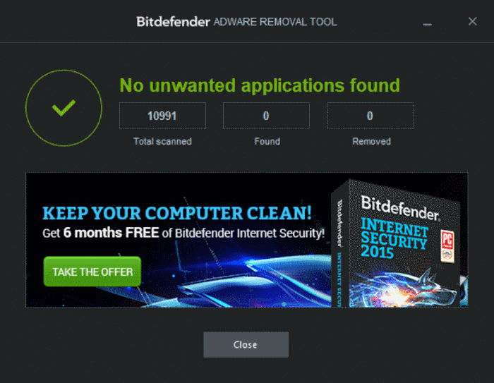 Инструмент удаления рекламного ПО BitDefender для Windows 10 pic3