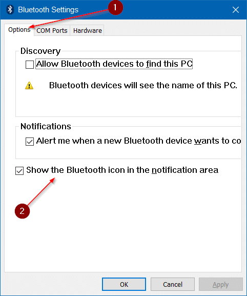 Значок Bluetooth отсутствует на панели задач Windows 10, шаг 5