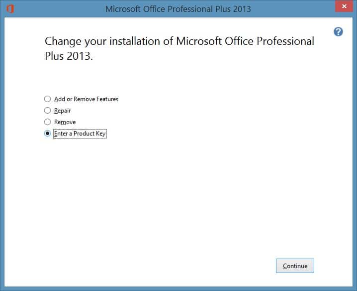 Измените или обновите ключ продукта Office 2013, шаг 2.