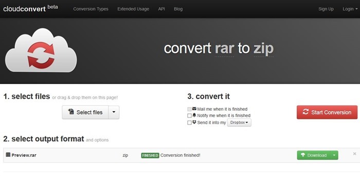 Конвертировать RAR в Zip онлайн Cloudconvert