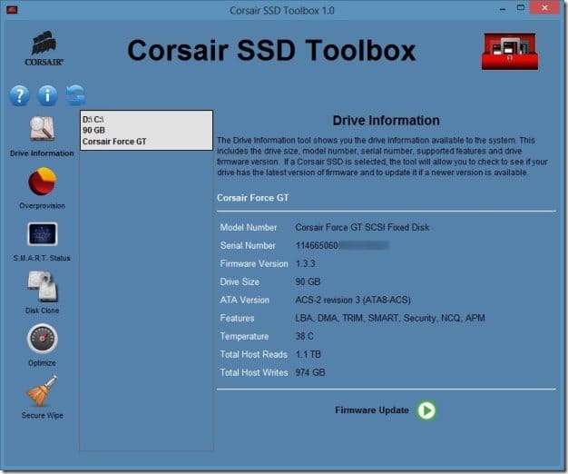 Бесплатная версия Corsair SSD Toolbox