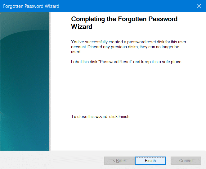 Создайте диск сброса пароля на USB-накопителе в Windows 10, шаг 9