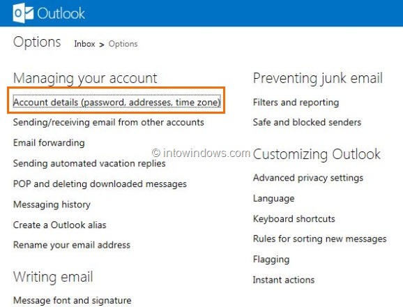 Удалить или закрыть учетную запись Outlook.com Шаг 1