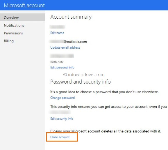 Удалить или закрыть учетную запись Outlook.com Шаг 2