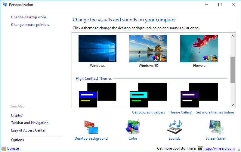 Получить окно персонализации в Windows 10