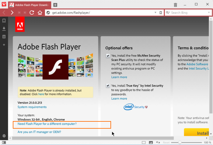 Установите Adobe Flash Player в браузере Vivaldi, шаг 2