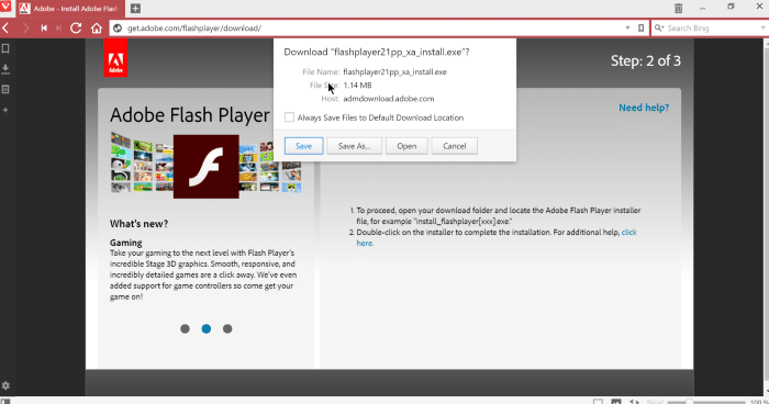 Установите Adobe Flash Player в браузере Vivaldi, шаг 7.