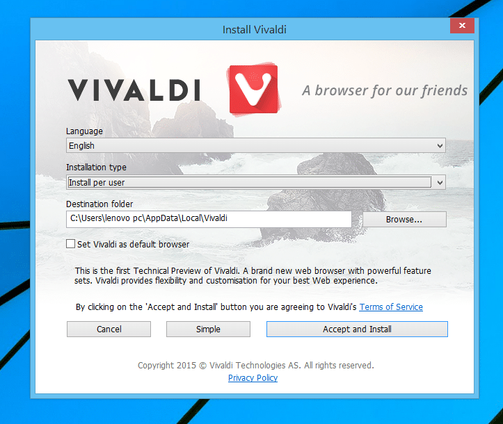 Установите браузер Vivaldi в ОС Windows