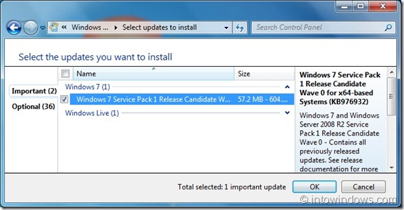 Установите Windows 7 SP1 RC через Центр обновления Windows, шаг 5.