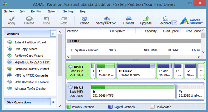 Перенесите Windows 8 на SSD с помощью Partition Assistant, шаг 1.