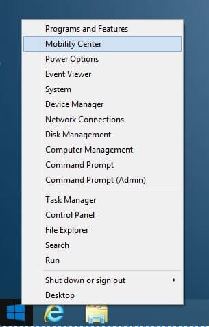 Откройте Центр мобильности в Windows 8.1.