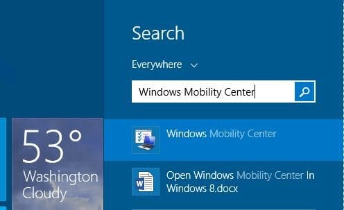Откройте Центр мобильности Windows в Windows 8.1.