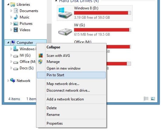 Закрепите значок компьютера на начальном экране в Windows 8