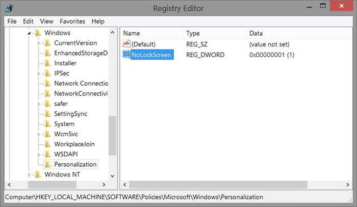 Удалите экран блокировки Windows 8.1 с помощью шага реестра 4.