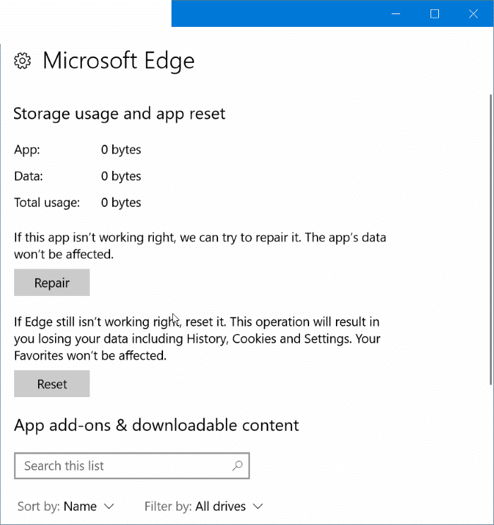 восстановить Microsoft Edge в Windows 10