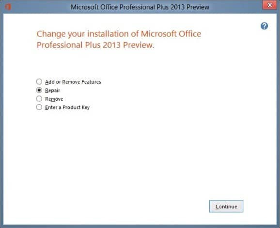 Восстановление установки Office 2013