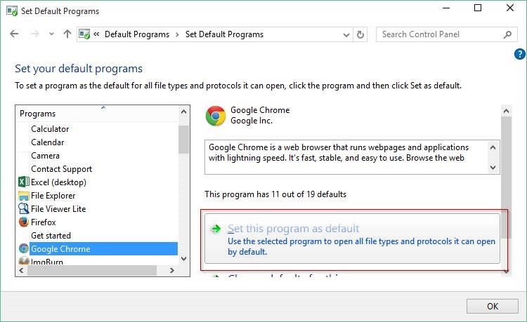 Установите Chrome браузером по умолчанию в Windows 10, шаг 5