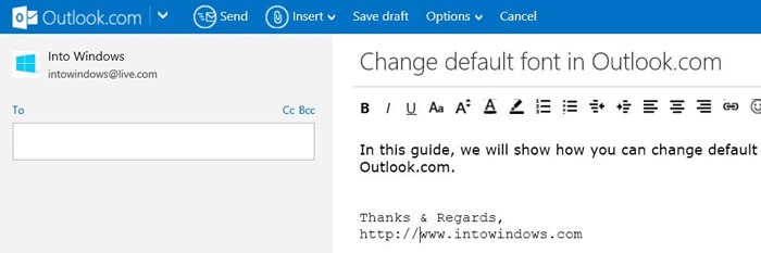 Установить шрифт по умолчанию в изображении Outlook com