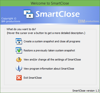 SmartClose для быстрого закрытия и открытия всех программ. Изображение 1