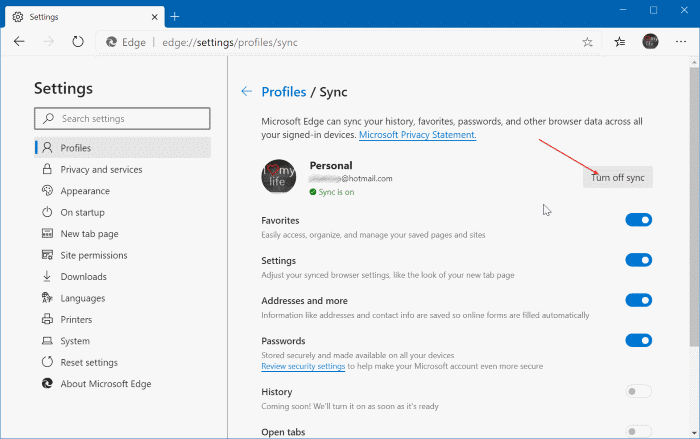 Включите или отключите синхронизацию данных в Microsoft Edge (6)