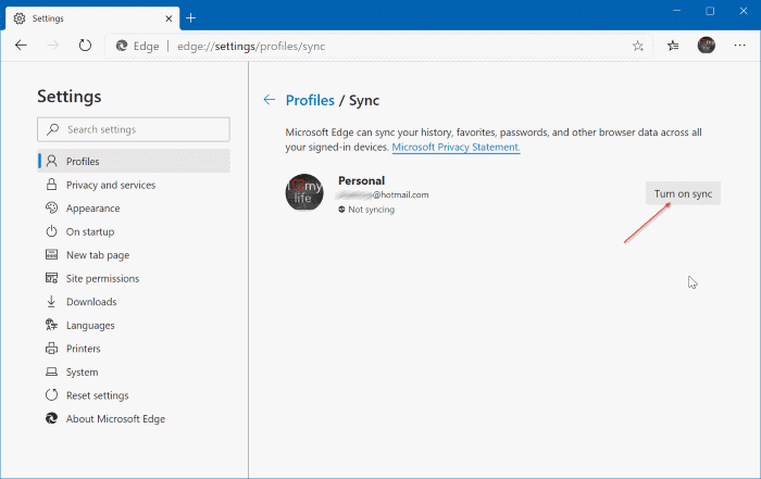 Включите или отключите синхронизацию данных в Microsoft Edge (7)