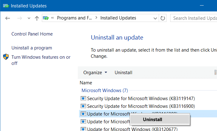 удалить обновление в Windows 10, шаг 5.2