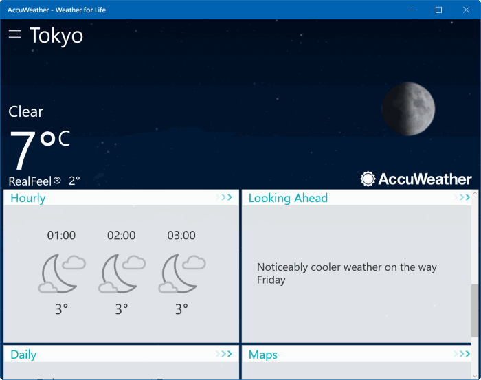 приложение AccuWeather для Windows 10