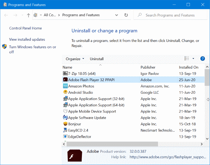 полностью удалить Adobe Flash Player из Windows 10 pic1