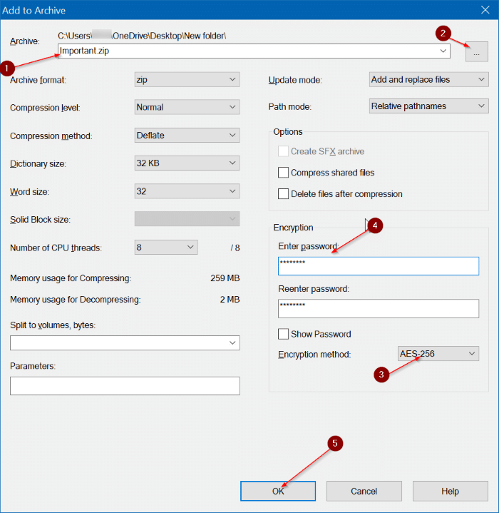 создать защищенный паролем zip-файл с помощью 7zip pic2