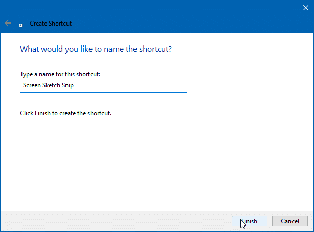 создать ярлык эскиза экрана на рабочем столе в Windows 10 pi3