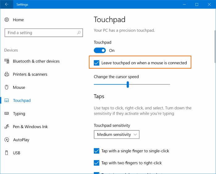 отключить тачпад при подключении мыши в Windows 10