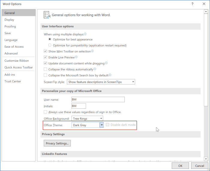 включить или отключить темный режим в Office 365 Word, Excel и PowerPoint pic3