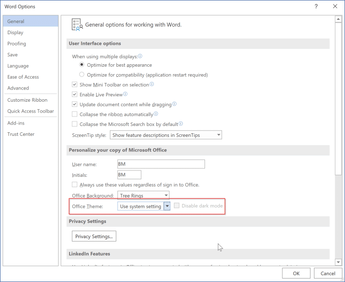 включить или отключить темный режим в Office 365 Word, Excel и PowerPoint pic4