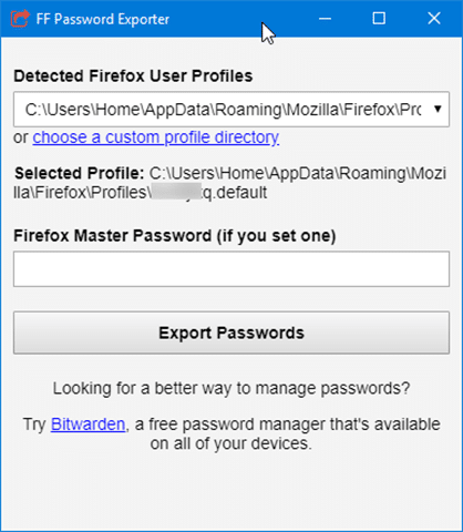 экспортировать пароли Firefox в файл CSV или JSON в Windows 10