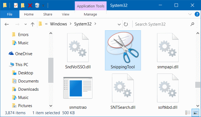 исправлено отсутствие инструмента «Ножницы» в меню «Пуск» Windows 10, рис.2.