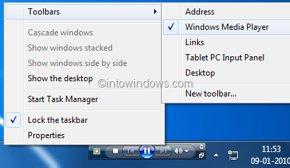 Включить панель инструментов Windows Media Player 12 на панели задач в Windows 7 pic6