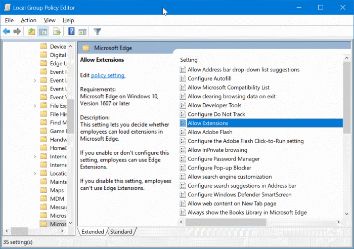 запретить установку расширений в Edge в Windows 10 рис.1