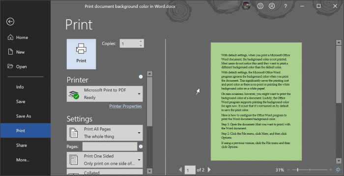 Распечатать цвет фона документа Office Word pic1