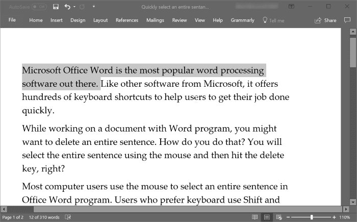 быстро выделить целое предложение в Office Word рис.1