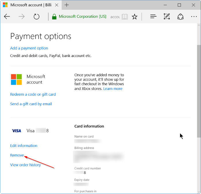 удалить информацию о кредитной карте из Магазина в Windows 10, шаг 5