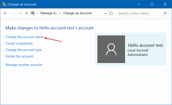 переименуйте учетную запись Microsoft или локальную учетную запись в Windows 10, шаг 10