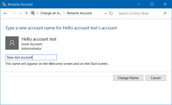 переименуйте учетную запись Microsoft или локальную учетную запись в Windows 10, шаг 11