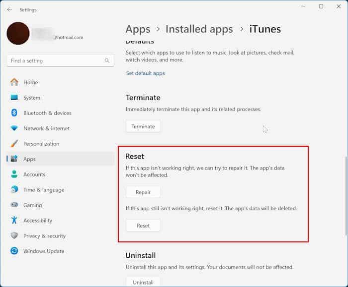 сбросить или восстановить iTunes в Windows 11 рис.2