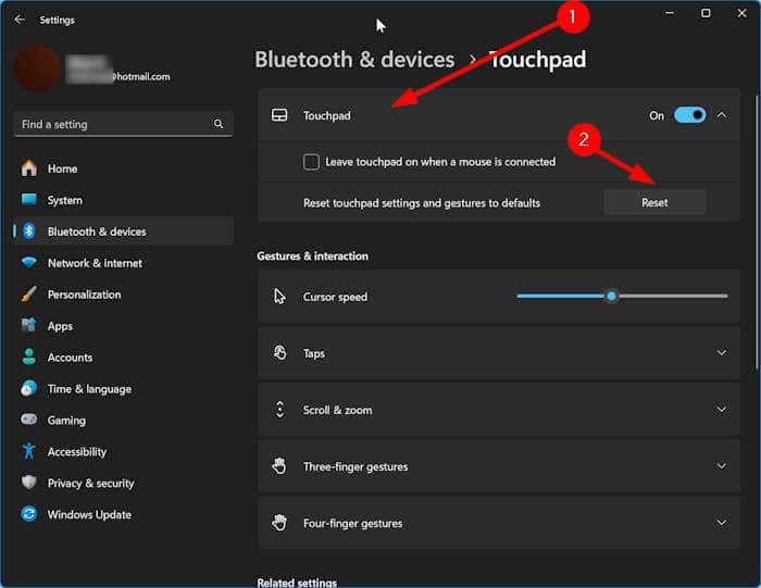 сбросить настройки тачпада в Windows 11