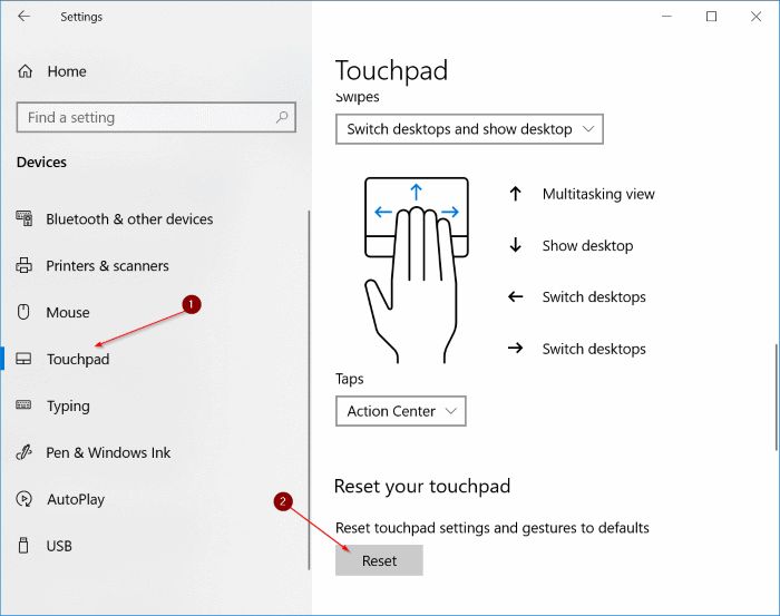 сбросить настройки тачпада до значений по умолчанию в Windows 10