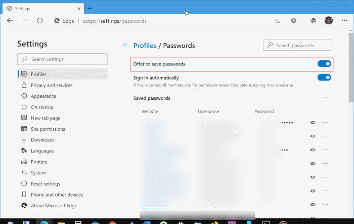 сохранять пароли в браузере Edge в Windows 10