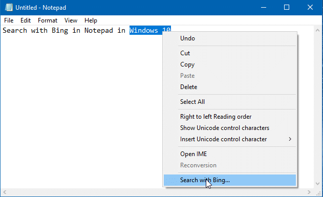 поиск с помощью Bing в Блокноте в Windows 10