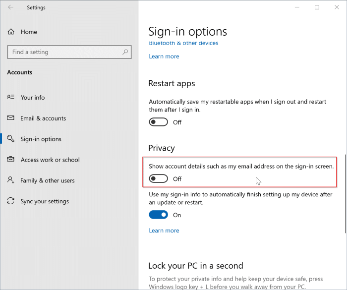 показать или скрыть адрес электронной почты на экране входа в Windows 10
