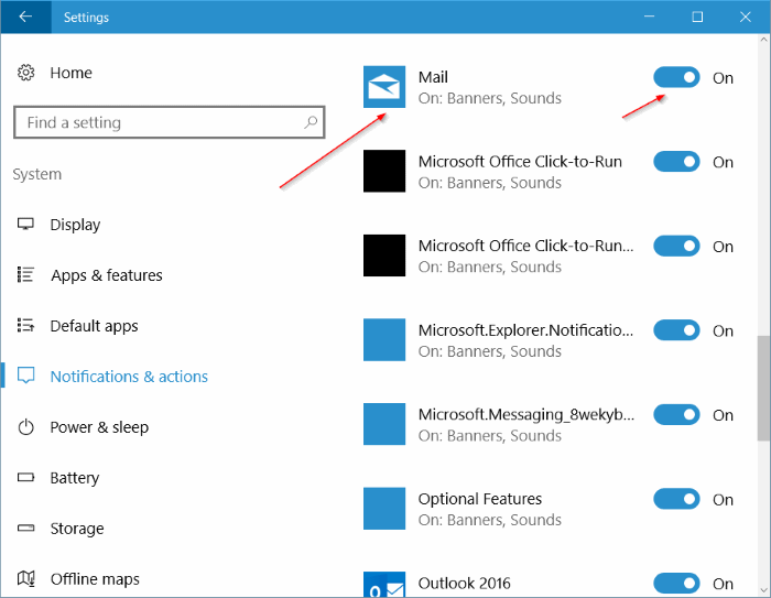 включить баннер уведомления о новой почте и звук Windows 10 mail pic2