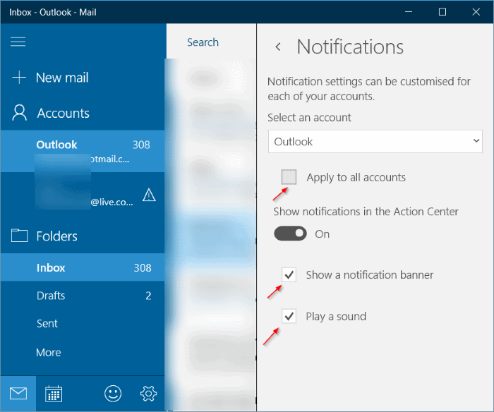 включить баннер уведомления о новой почте и звук почта Windows 10 pic5